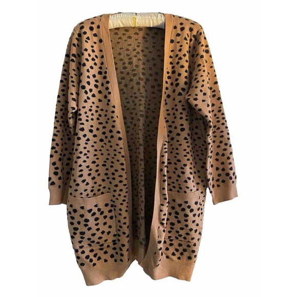 New She + Sky Brown/Black Dalmatian Print Open Front Long Cardigan Sweater Large - Picture 2 of 7